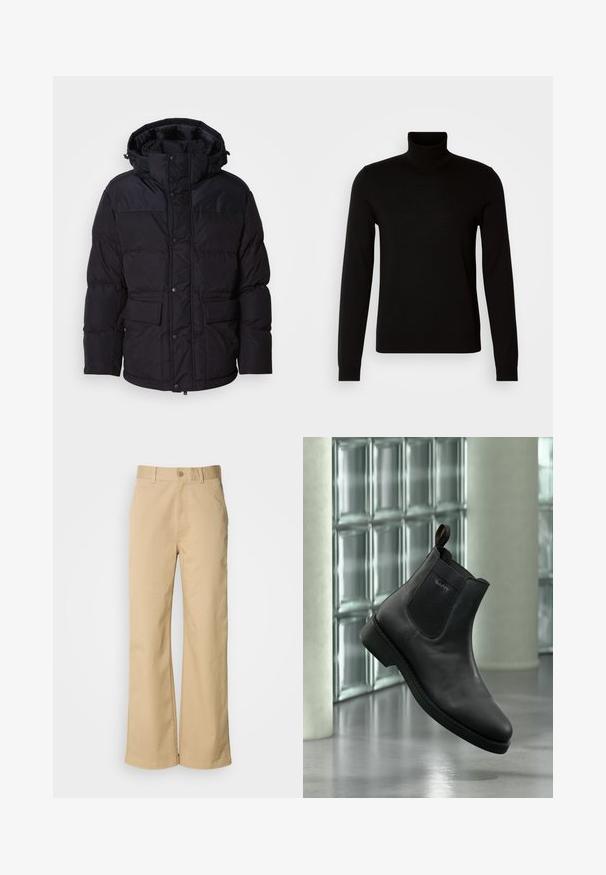 Doudoune noire avec capuche, dotée d'une fermeture à zip et à boutons-pression, de deux poches avant et d'une texture matelassée.; Pull col roulé noir en tissu tricoté fin, doté de manches longues et d'une silhouette ajustée. Texture lisse avec des poignets côtelés.; Pantalon large beige en mélange coton. Fermeture par bouton et passants de ceinture. Texture lisse, avec des détails de couture minimaux.; Bottine noire en cuir avec panneau latéral élastique et languette, présentée dans un cadre intérieur moderne avec un mur en blocs de verre en arrière-plan.