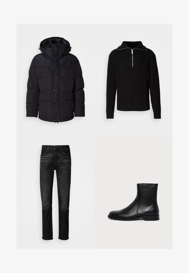 Schwarze Pufferjacke mit Kapuze, ausgestattet mit einem Reißverschluss und Druckknopfverschluss, zwei Fronttaschen und Steppstruktur.; Schwarzer gerippter Pullover mit hohem Kragen und kurzem Reißverschluss. Verfügt über einen strukturierten Stoff und enganliegende Bündchen, die eine konturierte Silhouette bieten.; Schwarze Jeans aus Denim mit geradem Schnitt, fünf Taschen, dezentem Used-Look und Knopfverschluss. Klassischer Stil, geeignet für legere Trageanlässe.; Schwarzer Leder-Knöchelstiefel mit niedrigem Absatz, seitlicher Naht und kleinem "HUGO" Logo am oberen Schaft vor einfarbigem Hintergrund.