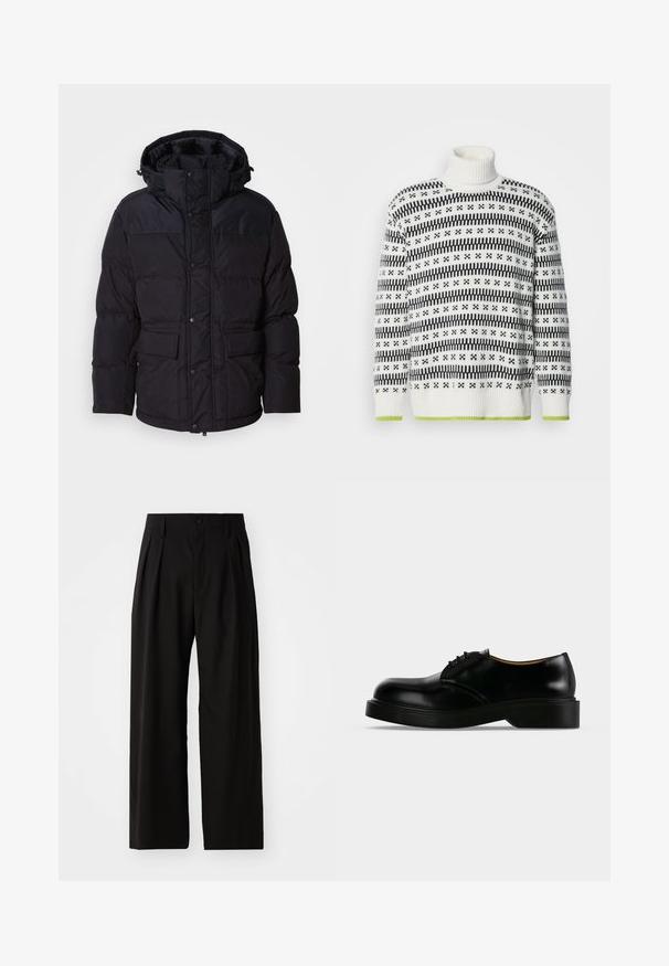 Schwarze Pufferjacke mit Kapuze, ausgestattet mit einem Reißverschluss und Druckknopfverschluss, zwei Fronttaschen und Steppstruktur.; Strick-Turtleneck-Pullover in Weiß mit schwarzen geometrischen Mustern und einem grünen Saum. Strukturiertes Gewebe, lässige Passform und gerippte Bündchen.; Schwarze weit geschnittene Hose mit glatter Textur, zwei vorderen Falten, einem Knopfverschluss und seitlichen Taschen. Strapazierfähiger Stoff.; Schwarzer, polierter Lederschnürschuh mit dicker Sohle, abgerundeter Spitze und niedrigem Absatz, von der Seite auf einfarbigem Hintergrund dargestellt.