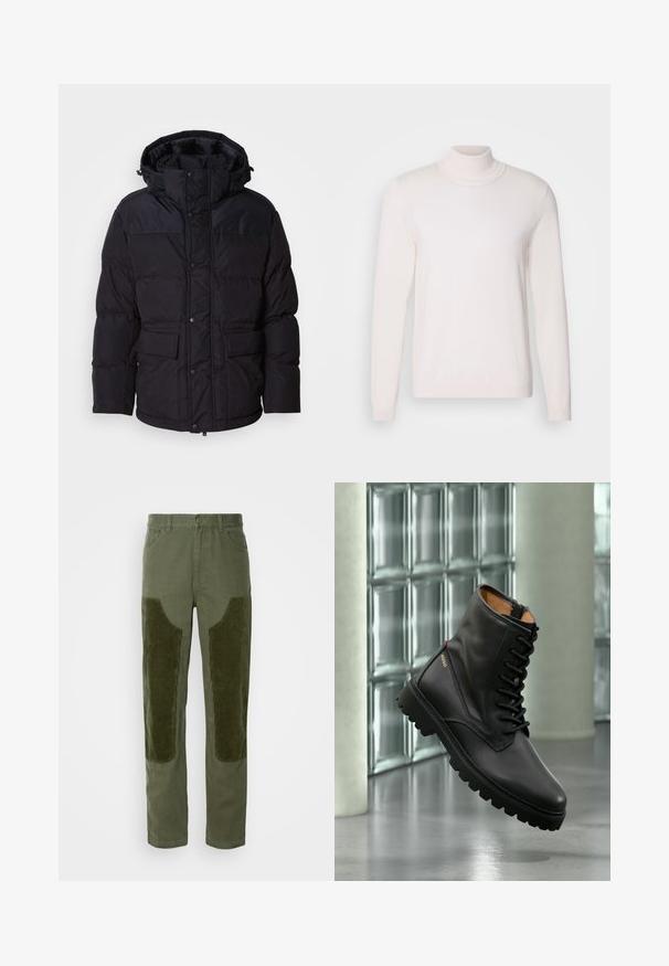 Schwarze Pufferjacke mit Kapuze, ausgestattet mit einem Reißverschluss und Druckknopfverschluss, zwei Fronttaschen und Steppstruktur.; Helles rosa Rollkragenpullover mit langen Ärmeln, weichem Stoff, geripptem Kragen und Bündchen, im klassischen, figurbetonten Design.; Olivgrüne Baumwollhosen mit gerippten Cordura-Patches an den Knien, gerade geschnitten und mit Fronttaschen.; Schwarzer Leder-Schnürkampfstiefel mit dicker Sohle, goldenem "HUGO"-Logo an der Seite, präsentiert in modernem Innenraum mit Glasbausteinwand im Hintergrund.