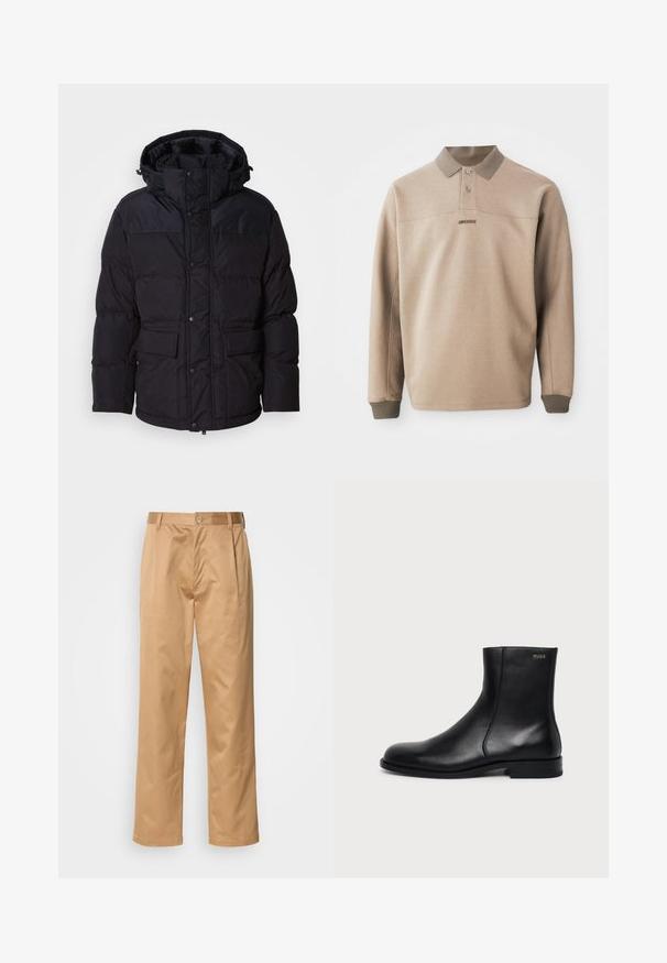 Zwarte pufferjack met een capuchon, voorzien van een ritssluiting en drukknoopsluiting, twee voorzakken en een gequiltde textuur.; Beige polo shirt gemaakt van zacht materiaal, met een geribde kraag en boorden, twee knopen en een subtiel logo op de voorkant.; Khaki broek, katoenmix, recht model, voorplooien, riemlussen en knoopsluiting. Gladde textuur zonder patronen.; Zwarte leren enkellaars met lage hak, zijstiksels en klein "HUGO" logo op de bovenste boord tegen een effen achtergrond.
