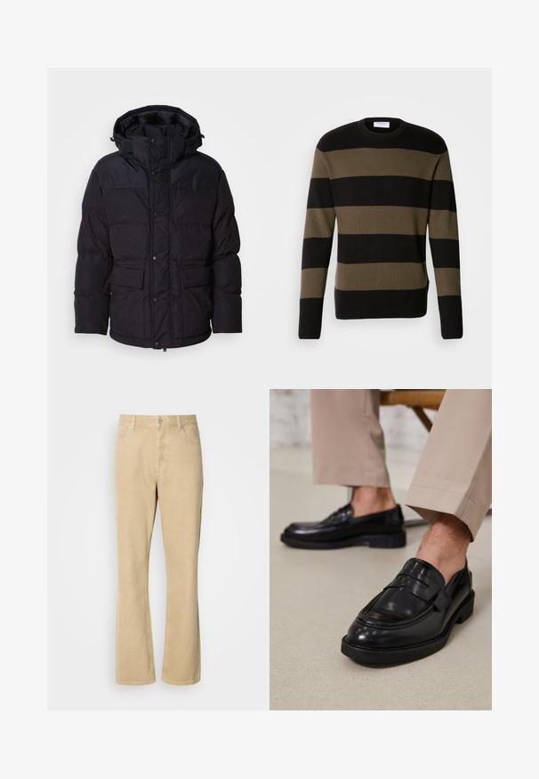 Schwarze Pufferjacke mit Kapuze, ausgestattet mit einem Reißverschluss und Druckknopfverschluss, zwei Fronttaschen und Steppstruktur.; Lindbergh BLOCK STRIPE - Strickpullover - olive; Beige Cordleisten-Hosen mit ausgestelltem Bein, Knopf- und Reißverschluss, ausgestattet mit fünf Taschen und sichtbaren Nähten entlang der Beine. Glatte Textur.; Schwarze Lederloafers mit glatter Oberfläche, ausgestattet mit einem dekorativen Riemen und Kontrastnähten, kombiniert mit beigen Hosen.