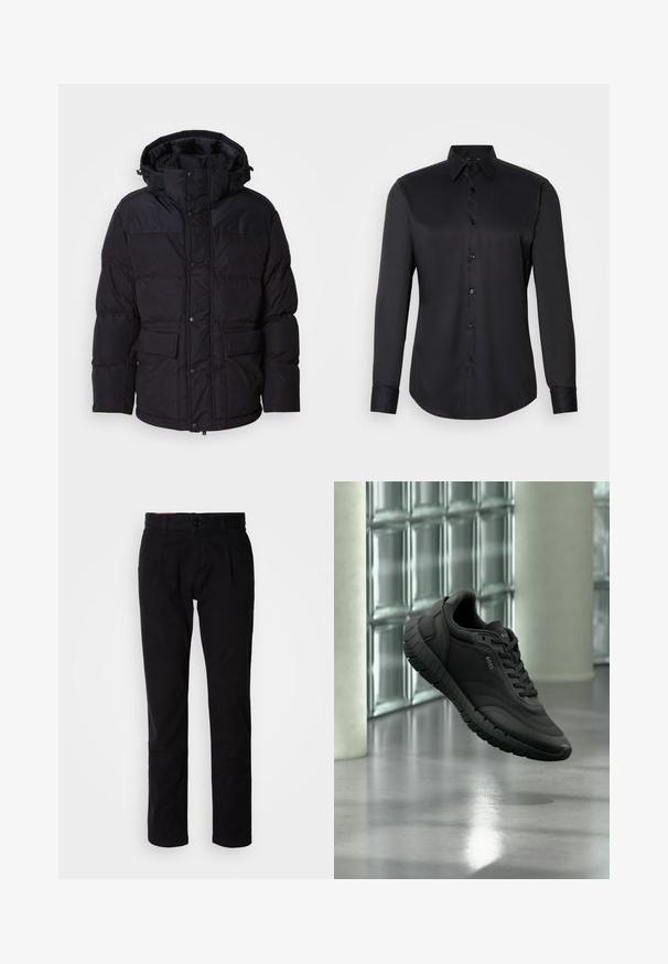 Schwarze Pufferjacke mit Kapuze, ausgestattet mit einem Reißverschluss und Druckknopfverschluss, zwei Fronttaschen und Steppstruktur.; Schwarze Hemdbluse aus glattem Stoff, mit klassischem Kragen, langen Ärmeln und Knopfverschluss auf der Vorderseite.; Schwarze Baumwoll-Chinos mit geradem Bein, ausgestattet mit flacher Vorderseite, Gürtelschlaufen und einem einzelnen Knopfverschluss. Glatte Textur ohne sichtbare Muster.; Schwarzer BOSS-Sneaker mit strukturierter Sohle, Mesh- und Lederobermaterial, schwebend im Innenraum vor Hintergrund aus Glasbausteinen und Betonsäulen.