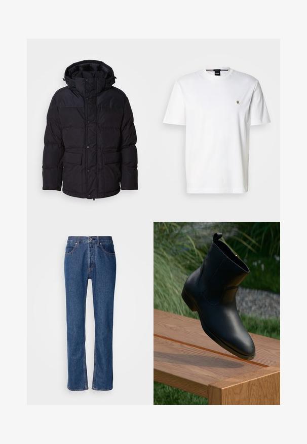 Sort pufferjakke med hætte, der har lynlås og trykknaplukning, to forlommer og quiltet overflade.; Hvid bomulds-T-shirt med rund halsudskæring, korte ærmer og et lille logo på venstre bryst. Glat tekstur, klassisk pasform.; Blå denimjeans med lige snit, fem-lomme-design og lys syning. Har lynlås og knaplukning foran.; Sort læder ankelstøvle med lynlås, placeret i den ene ende af en poleret træbænk udendørs med græs og sten i baggrunden.
