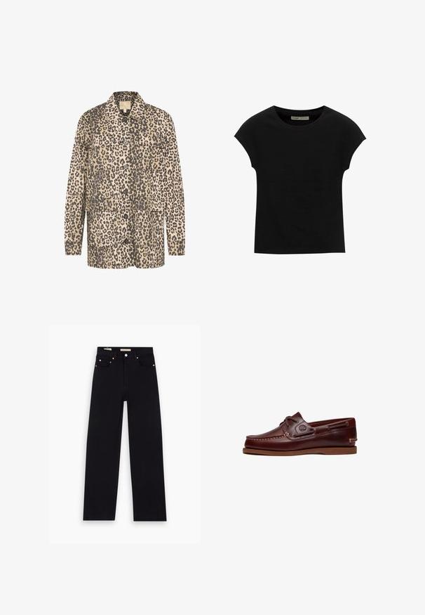 Leren jasje met luipaardprint in beige en donkerbruin. Voorzien van twee voorzakken, knoopsluiting en een relaxed fit. Gemaakt van zachte stof.; Zwart T-shirt met korte mouwen en een ronde halslijn. Gemaakt van soepel, rekbaar katoenen stof. Eenvoudig ontwerp zonder patronen of afbeeldingen.; Zwarte denim jeans met een recht model, vijf zakken, koperen hardware en een gladde textuur. Twee labels zichtbaar op de tailleband.; Bruine leren boot schoen met veters, stiksel details en Timberland-logo aan de zijkant, weergegeven op een witte achtergrond.
