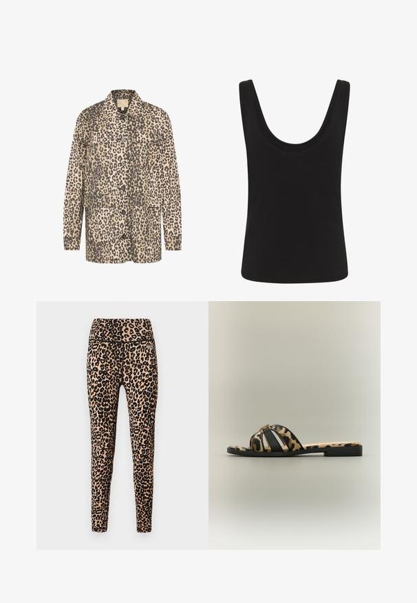 Leren jasje met luipaardprint in beige en donkerbruin. Voorzien van twee voorzakken, knoopsluiting en een relaxed fit. Gemaakt van zachte stof.; Zwarte mouwloze tanktop met brede schouderbanden en een ronde hals, eenvoudig ontwerp, voorkant.; Legging met luipaardprint, voorzien van een hoge tailleband, rekbare stof en een nauwsluitend ontwerp in tinten bruin en zwart.; Platte slipper met luipaardprint en zwarte bandjes met een kleine gouden gesp, gefotografeerd tegen een neutrale achtergrond.