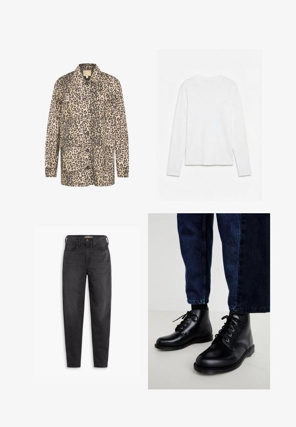 Chaqueta camisa con estampado de leopardo en beige y marrón oscuro. Presenta dos bolsillos frontales, cierre de botones y un corte relajado. Fabricada en tejido suave.; Camiseta blanca lisa de manga larga con cuello redondo, extendida sobre una superficie blanca, mostrando el frente y la longitud completa de la manga.; Jeans ajustados de talle alto y color negro, con bolsillos delanteros y traseros, cierre de botón y pasadores para cinturón, exhibidos sobre un fondo blanco.; Botines de cuero negro con punteras redondas, diseño de cordones, ojales plateados y suelas texturizadas, combinados con vaqueros de mezclilla azul oscuro.