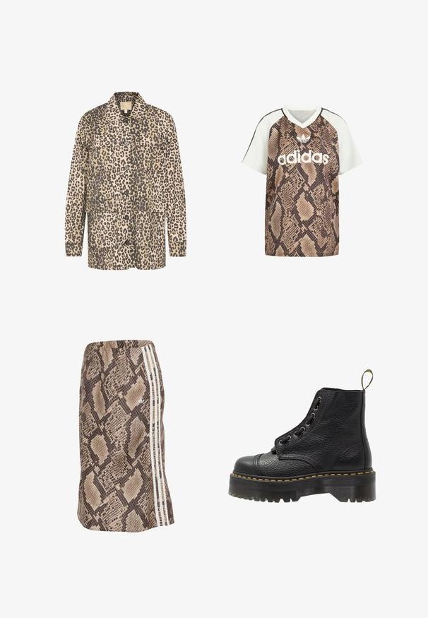 Chaqueta camisa con estampado de leopardo en beige y marrón oscuro. Presenta dos bolsillos frontales, cierre de botones y un corte relajado. Fabricada en tejido suave.; Camiseta Adidas de manga corta con cuello en V, mangas blancas y cuerpo con estampado de serpiente marrón, con logo blanco de Adidas y emblema de trébol en el frente.; Falda hasta la rodilla con estampado de serpiente, cintura elástica y tres rayas verticales blancas en un lado.; Botín negro de cuero con superficie texturizada, punta redonda, diseño de cordones, costuras amarillas y una gruesa suela de plataforma negra estriada.