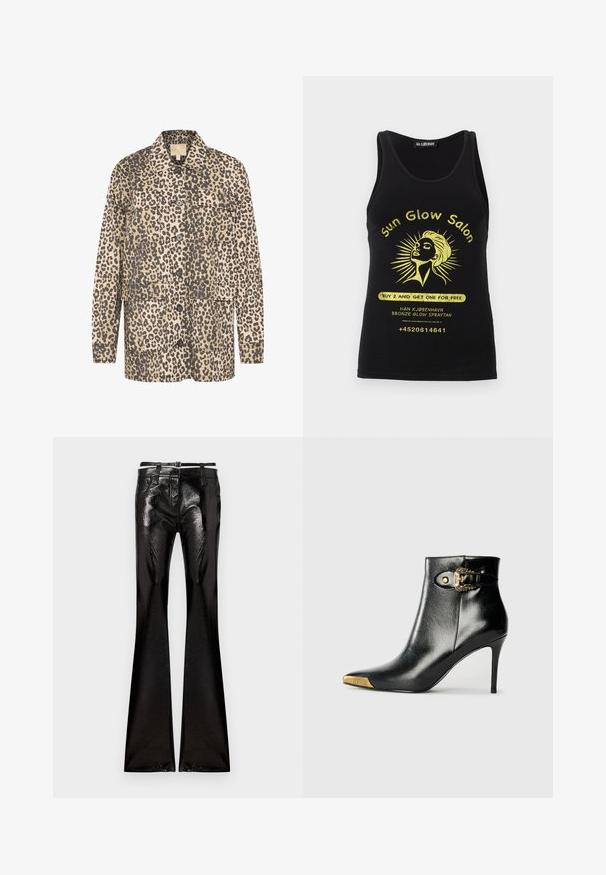 Chaqueta camisa con estampado de leopardo en beige y marrón oscuro. Presenta dos bolsillos frontales, cierre de botones y un corte relajado. Fabricada en tejido suave.; Camiseta sin mangas negra con gráfico amarillo de la cara de una mujer con rayos de sol, texto "Sun Glow Salon", oferta promocional y número de teléfono de contacto.; Pantalones acampanados negros hechos de un material brillante. Presentan una cintura ajustada con trabillas para cinturón, bolsillos delanteros y un brillo lustroso.; Botín negro hasta el tobillo fabricado en cuero brillante, con punta puntiaguda, tacón de aguja y detalles dorados con una hebilla decorativa.