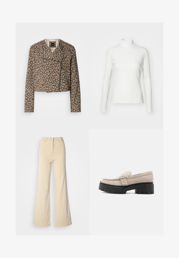 Chaqueta de moto recortada en tejido texturizado color beige con estampado de leopardo negro. Presenta un zipper diagonal, cuello con muescas y dos bolsillos laterales.; Top de cuello alto blanco con canalé y mangas largas, fabricado en una tela elástica. Presenta un diseño ajustado y un escote alto para mayor cobertura.; Jeans beige de pierna ancha con cintura alta, bolsillos frontales y costuras en contraste, con cierre de botón y una textura de algodón suave.; Mocasín de ante beige con hebilla plateada y suela negra gruesa y gruesa, vista lateral sobre fondo blanco.