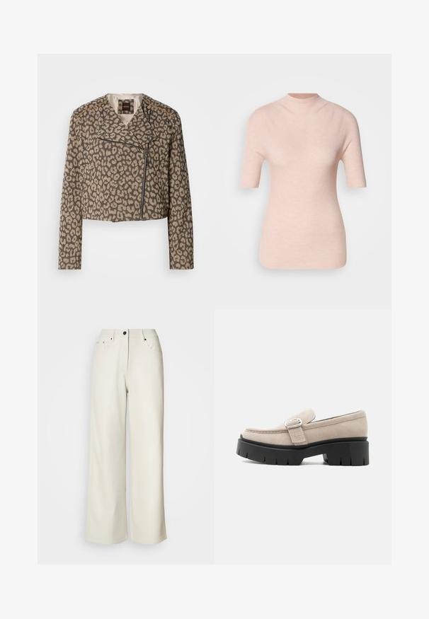 Veste de motard raccourcie en tissu texturé beige avec imprimé léopard noir. Elle dispose d'une fermeture éclair diagonale, d'un col cranté et de deux poches latérales.; Haut rose clair à manches courtes avec un col montant, présentant un motif côtelé texturé sur un fond neutre.; Pantalons larges de couleur crème en tissu lisse. Dotés d'une taille mi-haute, d'une fermeture éclair et de deux poches avant avec des accents en matériel noir.; Mocassin en daim beige avec boucle argentée et semelle épaisse noire, vue de côté sur fond blanc.