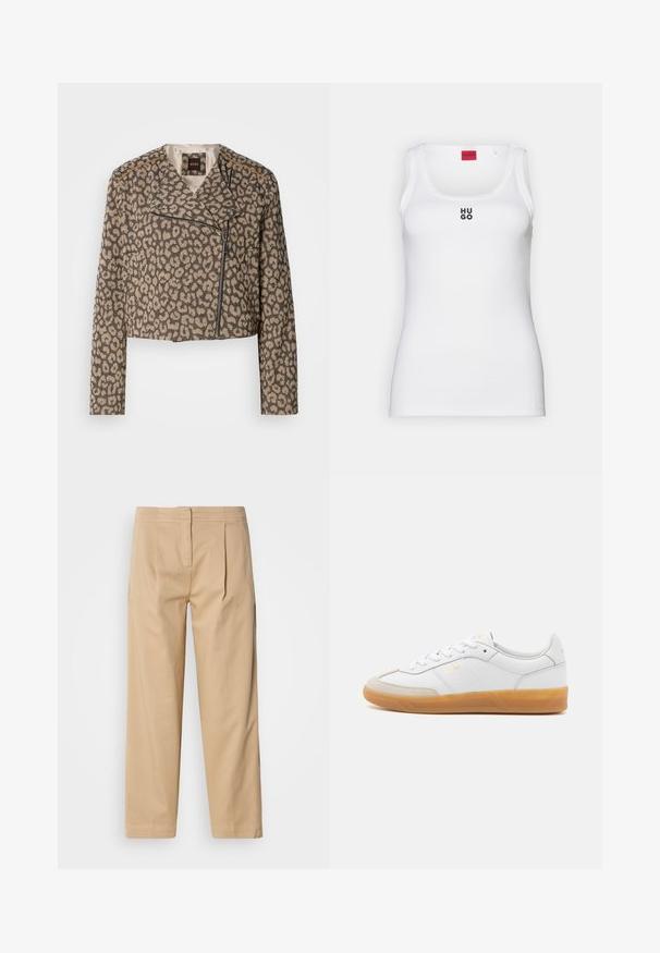 Chaqueta de moto recortada en tejido texturizado color beige con estampado de leopardo negro. Presenta un zipper diagonal, cuello con muescas y dos bolsillos laterales.; Camiseta sin mangas blanca de algodón, con un diseño sencillo que presenta un escote redondo y el logo negro "HUGO" en el centro. Textura suave.; Pantalones de algodón beige con un corte relajado, que cuentan con dos pliegues frontales, pierna recta y un cierre clásico de botón en la cintura.; Zapatilla de cuero blanca con acentos de ante beige, suela de goma y diseño de cordones. Presenta un sutil logo en dorado.