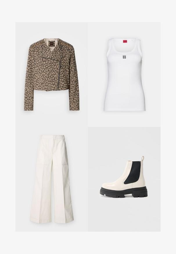 Chaqueta de moto recortada en tejido texturizado color beige con estampado de leopardo negro. Presenta un zipper diagonal, cuello con muescas y dos bolsillos laterales.; Camiseta sin mangas blanca de algodón, con un diseño sencillo que presenta un escote redondo y el logo negro "HUGO" en el centro. Textura suave.; Pantalones de pierna ancha en algodón blanco, con bolsillos delanteros y costuras detalladas. Textura suave con un diseño limpio y minimalista.; Botín Chelsea de cuero crema con suela gruesa negra y panel lateral elástico negro sobre fondo blanco liso.