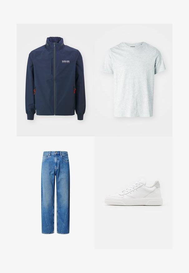 Marineblå letvægtsjakke med høj krave, frontlynlås og to sidelommer med røde snore og grå detaljer. Logo på brystet.; Lys grå, kortærmet t-shirt lavet af blødt stof, med en rund hals og en let afslappet pasform. Ingen synlige mønstre eller grafik.; Lys blå denim jeans med høj talje, vidde ben og skrå yokesømme. Har fem lommer og knaplukning.; Hvide lædersneakers med en glat finish, rund tå, flade snørebånd og en struktureret sål. Grå ruskindsdetalje ved hælen.