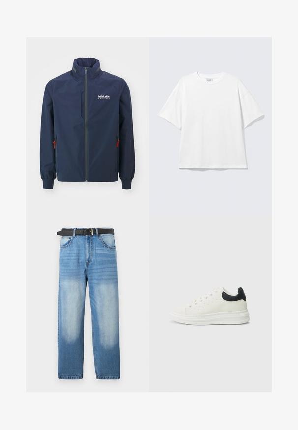 Dunkelblaue leichte Jacke mit hohem Kragen, Frontreißverschluss und zwei seitlichen Taschen mit roten Kordeln und grauen Akzenten. Logo auf der Brust.; Weißes oversized T-Shirt mit kurzen Ärmeln und Rundhalsausschnitt mit eingesetzten Schultern, flach auf hellgrauem Hintergrund.; Hellblaue Denim-Jeans mit geradem Bein, ausgestattet mit einem schwarzen Gürtel, ausgewaschenen Stellen und subtiler diagonaler Textur im oberen Bereich.; Weißer Ledersneaker mit schwarzem Fersenakzent, rundem Zehenbereich, flacher weißer Sohle und Schnürverschluss. Minimale Perforationen an den Seiten.
