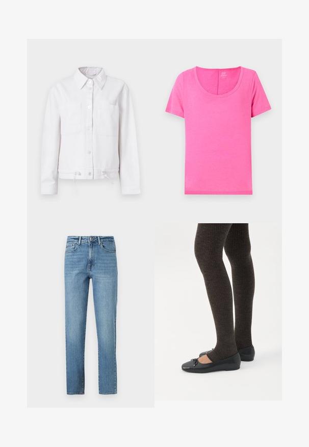 Hvid bomuldsjakke med lange ærmer, knaplukning foran, to brystlommer og justerbar snor i nederkanten. Glat tekstur, krave-design.; Lyserød bomulds T-shirt med rund hals og korte ærmer. Har en glat overflade og lige snit, velegnet til afslappet brug.; Lyseblå jeans lavet af denim med lige ben, fem lommer og en standard talje med forreste knap og lynlås.; Ben iført mørke ribbede leggings kombineret med sorte balletsko med små sløjfedetaljer på hvid baggrund.