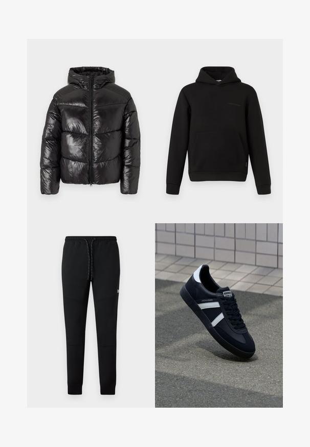Veste matelassée noire avec une finition brillante, fermeture éclair sur le devant, capuche et design matelassé comportant des sections horizontales distinctes.; Haut à capuche noir avec poche kangourou sur le devant, manches longues et un petit détail de couture horizontale sur le côté gauche de la poitrine, sur fond blanc.; Pantalons de jogging noirs en tissu doux, avec une taille élastique à cordon de serrage, des jambes fuselées et des poches latérales.; Sneaker en cuir noir avec des rayures blanches, semelle en caoutchouc texturée et devant à lacets. Présente une étiquette de marque sur la languette.