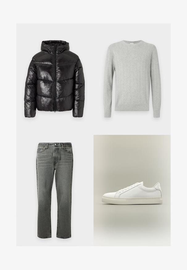 Veste matelassée noire avec une finition brillante, fermeture éclair sur le devant, capuche et design matelassé comportant des sections horizontales distinctes.; Pull tricoté gris clair avec texture côtelée, col ras du cou et manches longues. Design simple, avec ourlet droit et matériau durable.; Jean droit noir délavé avec bouton avant, fermeture éclair, passants de ceinture et design à cinq poches.; Baskets blanches basses à lacets sur l’avant et semelle épaisse, vues de côté sur un fond neutre.
