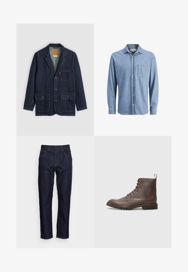 Dunkelblauer Denim-Blazer mit Reverskragen, drei Knöpfen, zwei großen Fronttaschen und einer Brusttasche. Gestickte Akzente und das Innenlabel sind sichtbar.; Helles blaues Denimhemd mit Button-Down-Kragen, langen Ärmeln, einer einzelnen Brusttasche und gesticktem Logo auf der Tasche.; Dunkelblaue Denim-Jeans mit geradem Schnitt, fünf Taschen und kontrastierendem gelben Nähten. Mit einem klassischen Knopf- und Reißverschluss ausgestattet.; Hackett London SLOANE APRON - Schnürstiefelette - dark mocca brown