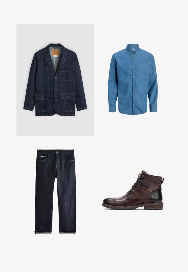 Mørk denim blazer med reverskrave, tre knapper, to store forlommer og en brystlomme. Synlige stikninger og indvendigt mærke.; Blå skjorte med knapper, lavet af denim, med krave og lange ærmer. Ensartet tekstur med synlige knapper ned ad fronten.; Mørkeblå denimjeans med opsmøgede manchetter, knap- og lynlåslukning, for- og møntlommer samt kontrastsyning på hvid baggrund.; Brune læder ankelstøvle med teksturerede stofpaneler, rund tå, snørebåndsdesign og kontrasterende mørke detaljer. Solid gummisål.