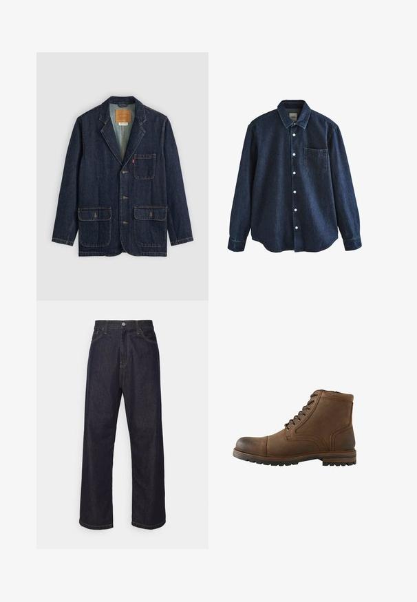 Mørk denim blazer med reverskrave, tre knapper, to store forlommer og en brystlomme. Synlige stikninger og indvendigt mærke.; Mørkeblå denim skjorte med lange ærmer, knapper foran, krave og en enkelt brystlomme, vist mod hvid baggrund.; Mørkeblå lige ben denim jeans med gul syning, frontknap, lynlås og fem-lommer design.; Brun læderankelstøvle med snørelukning foran og robust sål, designet til casual eller udendørs brug.