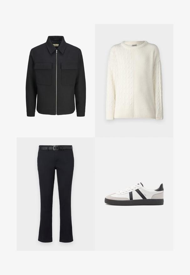 Chaqueta negra con cremallera frontal, confeccionada en tela texturizada, que presenta un cuello con solapa, dos bolsillos en el pecho y un dobladillo recto.; Denim Project DPMDPKNITTED COMBINED SWEATSHIRT - Jersey de punto - off white; Pantalones de mezcla de algodón negros con un diseño de pierna recta, que cuentan con una parte delantera plana, trabillas para cinturón y un cinturón de cuero negro. Textura suave y sin patrones visibles.; Zapatilla blanca con acentos en negro y gris, que presenta una puntera texturizada en gris, suela de goma negra y cordones planos blancos. Diseño limpio, estilo minimalista.
