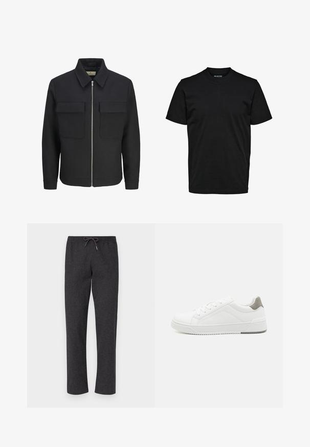 Zwarte ritssluiting jack van gemetalliseerde stof, met een collared nek, twee borstzakken en een rechte zoom.; Eenvoudig zwart T-shirt met korte mouwen, ronde hals en een normaal model zonder zichtbare patronen of logo's.; Donkergrijze, zachte stoffen broek met een elastische tailleband en trekkoord. Rechte pijpen, geen zakken, gladde textuur en eenvoudige constructie.; Witte sneaker van glad leer met een ronde neus, minimalistisch ontwerp, grijze hielaccent en een geplaatste rubberen zool.