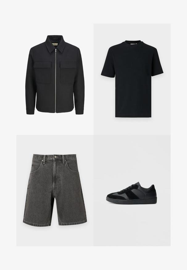 Zwarte ritssluiting jack van gemetalliseerde stof, met een collared nek, twee borstzakken en een rechte zoom.; Zwart, geribd, gebreid T-shirt met korte mouwen en ronde hals, met een klein zichtbaar label aan de binnenkant van de kraag.; Donkergrijze denim shorts met knoop aan de voorkant, rits, riemlussen en twee voorzakken, afgebeeld tegen een effen achtergrond.; Zwarte sneakers met een mix van glad leer en suède, een gestructureerde zwarte rubberen zool en subtiele streepdetails.