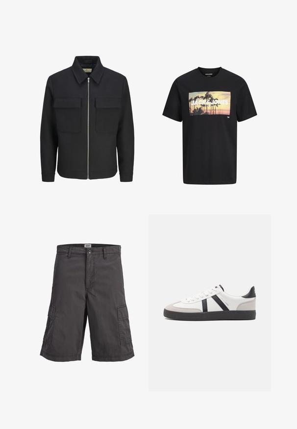 Chaqueta negra con cremallera frontal, confeccionada en tela texturizada, que presenta un cuello con solapa, dos bolsillos en el pecho y un dobladillo recto.; Camiseta negra con gráfico de atardecer y palmera, texto grande en blanco "JACK & JONES" impreso en el pecho.; Pantalones cortos cargo gris oscuro con bolsillos laterales, cierre de botón, trabillas para cinturón y costuras visibles sobre fondo blanco.; Zapatilla blanca con acentos en negro y gris, que presenta una puntera texturizada en gris, suela de goma negra y cordones planos blancos. Diseño limpio, estilo minimalista.