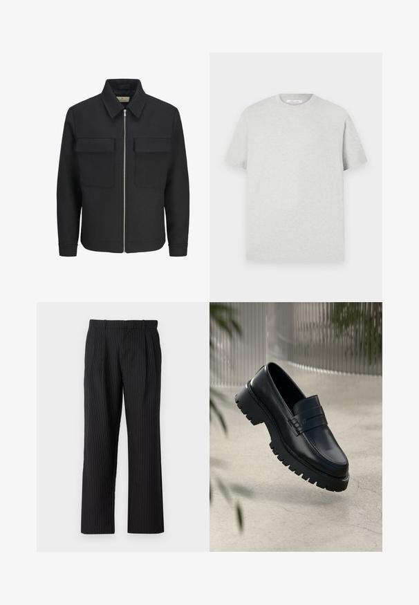 Chaqueta negra con cremallera frontal, confeccionada en tela texturizada, que presenta un cuello con solapa, dos bolsillos en el pecho y un dobladillo recto.; Camiseta de manga corta gris claro hecha de material suave, con cuello redondo y un corte relajado, sin patrones ni acentos visibles.; Jack & Jones Classic Wide Leg Fit - Pantalones - black; Mocasines de cuero negro con suela gruesa, que presentan una correa decorativa y detalles de costura. Textura suave con un acabado pulido.