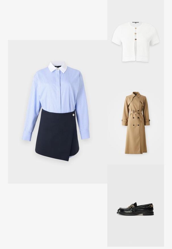 Trench coat beige con botones de doble botonadura, amplio cuello, cintura ceñida con cinturón y mangas largas. Presenta una tela con estampado y detalles de botones.; Cárdigan blanco de manga corta acanalado con tres botones dorados de cierre y patrones decorativos de punto en las mangas y el dobladillo.; Camisa de manga larga azul con rayas finas y cuello blanco combinada con una falda envolvente asimétrica negra con detalle de botón plateado.; Mocasines de cuero negro con un acabado brillante, que presentan dos hebillas doradas y un tacón bajo. Textura suave con diseño de punta redonda.