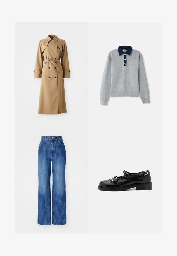 Beige trenchcoat met dubbele knopen, brede kraag, ceintuur in de taille en lange mouwen. Heeft een gemusterde stof en knoopaccenten.; Grijze sweatshirt met een donkerblauwe denim kraag, drie gouden knopen en ribgebreide manchetten. Zachte textuur met een casual ontwerp.; Blauwe denim wijde broek met verticale witte strepen, hoge taille en vijf-pocket ontwerp, voorzien van een knoop- en ritsluiting.; Zwarte leren schoenen met brogue-details, voorzien van twee gespsluitingen, een ronde neus en een lage hak. Glad oppervlak met een glanzende afwerking.