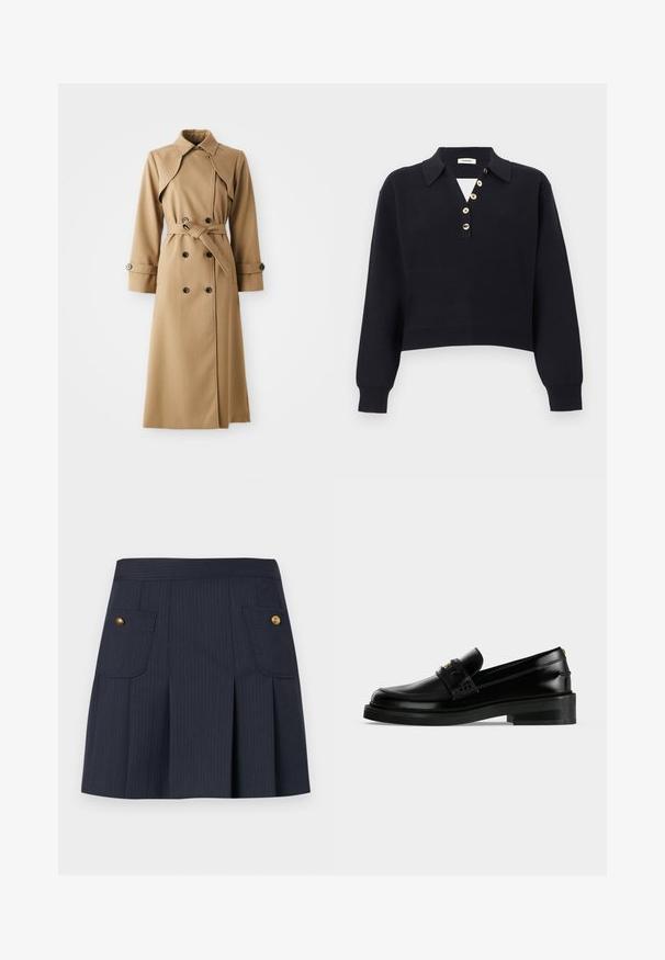 Beige trenchcoat met dubbele knopen, brede kraag, ceintuur in de taille en lange mouwen. Heeft een gemusterde stof en knoopaccenten.; Zwarte langarm gebreide trui met een kraag en vijf beige knopen schuin geplaatst op de borstplooi, met geribbelde boorden aan mouwen en zoom.; Donkerblauwe fijngestreepte rok met plooien aan de voorkant en twee klepzakken met gouden knopen aan weerszijden.; Zwarte gepolijste leren loafer met lage blokhak, moc toe stiksels en een decoratieve band aan de bovenkant.