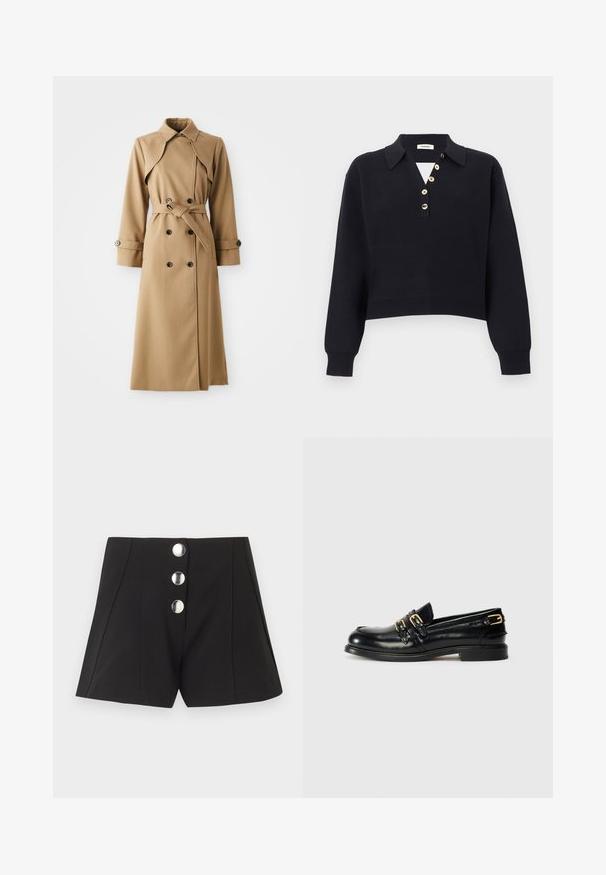 Beige trenchcoat met dubbele knopen, brede kraag, ceintuur in de taille en lange mouwen. Heeft een gemusterde stof en knoopaccenten.; Zwarte langarm gebreide trui met een kraag en vijf beige knopen schuin geplaatst op de borstplooi, met geribbelde boorden aan mouwen en zoom.; Zwarte shorts met hoge taille, voorzien van drie grote zilveren knopen aan de voorkant en zichtbare verticale naaddetails.; Zwarte leren instappers met een glanzende afwerking, voorzien van twee gouden gespen en een lage hak. Gladde textuur met een ronde neus.