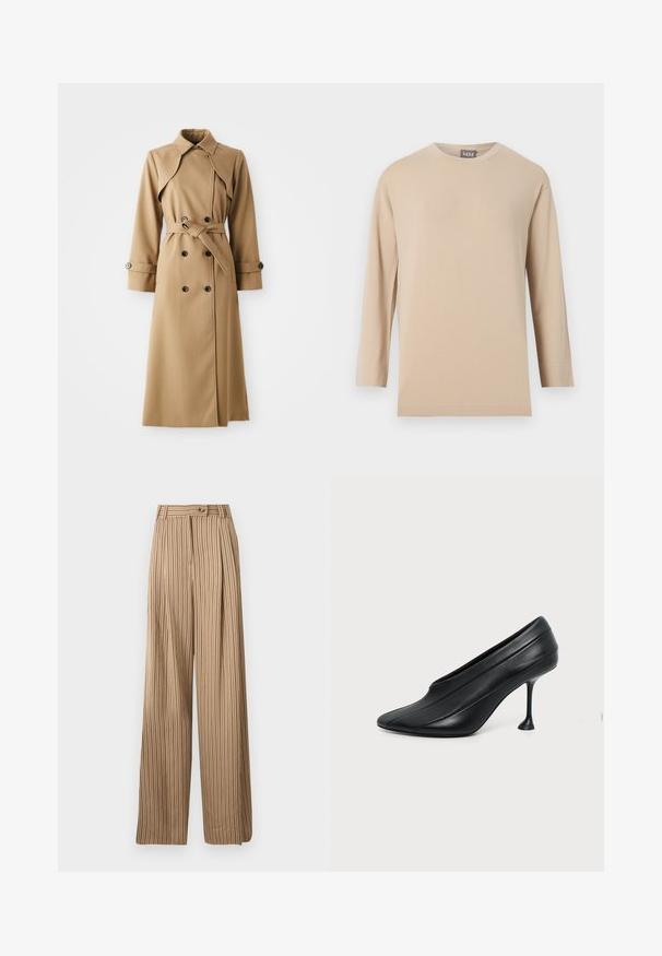 Beige trenchcoat med dobbeltknappe-lukning, bred krave, belted talje og lange ærmer. Har mønstrede stoffer og knapdetaljer.; Beige langærmet rundhalset skjorte med en lige kant, vist mod en ensfarvet hvid baggrund.; Beige, højttaljede bukser med vide ben og brune lodrette striber, forside med knaplukning, bæltestropper og en plissédetalje.; Sort læder højhælet sko med spids tå, buet sål og slank, udvidet stiletthæl på ensartet lys baggrund.
