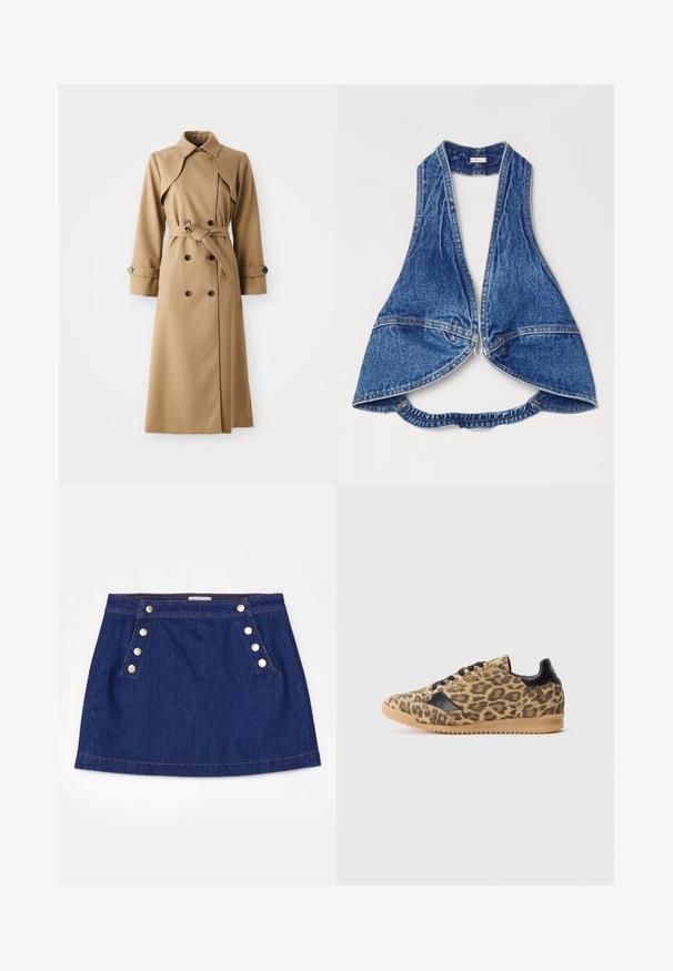 Beige Trenchcoat mit doppelt geknöpften Knöpfen, breitem Kragen, tailliertem Gürtel und langen Ärmeln. Besitzt ein gemustertes Material und Knopfakzente.; Blaue Denim-Weste mit ärmellosem Schnitt, tiefem V-Ausschnitt, offener Vorderseite und gerafftem Rücken. Verstärkte Nähte und Reißverschlussdetails.; FRAME SAILOR SNAP SKIRT - Jeansrock - celestine; Sneaker mit Leopardenmuster, schwarzem Schnürbereich, schwarzem Fersenlift und hellbrauner Gummi-Sohle, seitlich dargestellt.