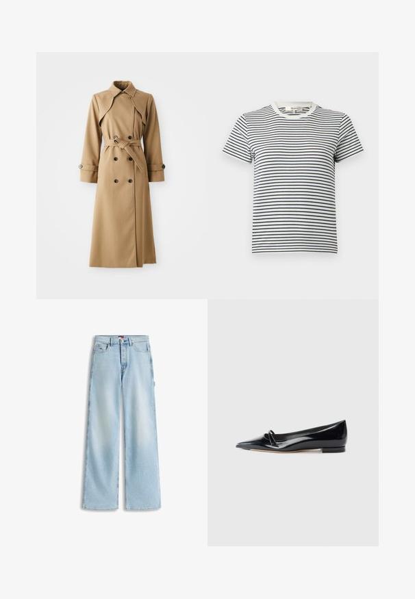 Beige trenchcoat met dubbele knopen, brede kraag, ceintuur in de taille en lange mouwen. Heeft een gemusterde stof en knoopaccenten.; Gestreept T-shirt in wit en marineblauw met korte mouwen en een ronde halslijn. Kenmerkt zich door horizontale strepen van verschillende breedtes. Zacht katoenen materiaal.; Lichtblauwe wijde denim jeans met voorzakken, riemlussen en een knoopsluiting in de taille.; Zwarte gepatenteerde leren platte schoen met een puntige neus, een kleine decoratieve band en een lage blokhak. Gladde textuur en strak ontwerp.