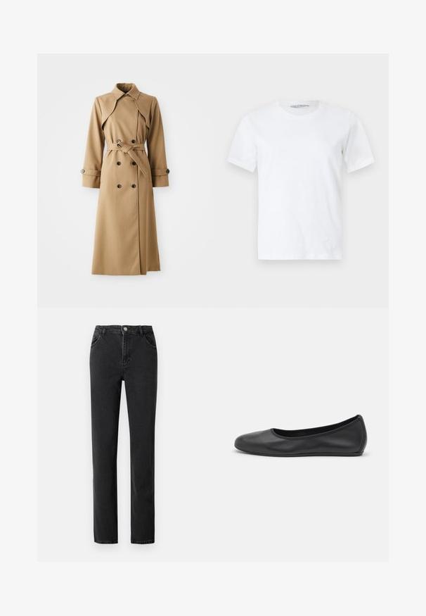 Beige trenchcoat med dobbeltknappe-lukning, bred krave, belted talje og lange ærmer. Har mønstrede stoffer og knapdetaljer.; Ren hvid kortærmet rundhalset t-shirt lagt fladt på en lys baggrund, der viser forfra med et lille synligt mærkelabel inde i kraven.; Sorte denimjeans med høj talje, lige ben, fem lommer og med en knaplukning med metalhardware.; Sort læderballetsko med rund tå, glat tekstur, minimal syning og et fleksibelt såldesign.