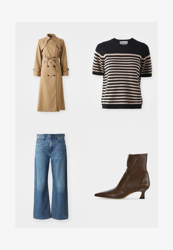 Beige trenchcoat met dubbele knopen, brede kraag, ceintuur in de taille en lange mouwen. Heeft een gemusterde stof en knoopaccenten.; Gestreepte kortemouwen trui gemaakt van een zachte stof; heeft marineblauwe en beige strepen, een ronde halslijn en een ribgebreide zoom.; Wijdvallende blauwe spijkerbroek van denim met een middelhoge tailleband, vijf zakken en subtiele vervaging. Kenmerken zijn onder andere riemlussen en gestikte details.; Bruine leren enkellaars met puntige neus en lage, gebogen hak op een lichte achtergrond.