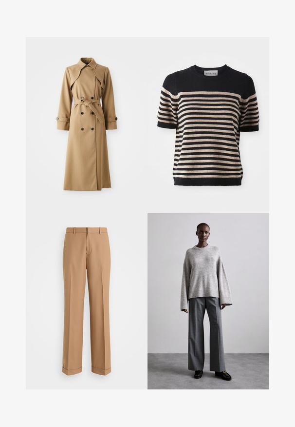 Beige trenchcoat med dobbeltknappe-lukning, bred krave, belted talje og lange ærmer. Har mønstrede stoffer og knapdetaljer.; Stripet kortærmet sweater lavet af et blødt materiale; har marineblå og beige striber, rund halsudsigt og ribbet kant.; Beige skræddersyede bukser med lige ben, lavet af blødt stof, med en frontfold og oprullede manchetter ved kanten.; Grå strikket sweater med brede ærmer og ribbet kant, parret med høj-taljede grå bukser med et subtilt ternet mønster og sorte loafers.