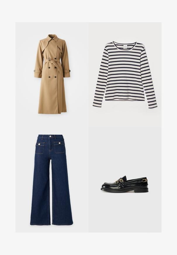 Beige trenchcoat med dobbeltknappe-lukning, bred krave, belted talje og lange ærmer. Har mønstrede stoffer og knapdetaljer.; Langærmet skjorte i creme med marineblå vandrette striber, med rund halsudskæring, ribbet tekstur og afslappet pasform.; Mørkeblå vidde denimjeans med høj talje og to frontlommer med klap og knaplukning.; Sorte læder loafers med en blank finish, der har to guldspænder og en lav hæl. Glat tekstur med rund tådesign.