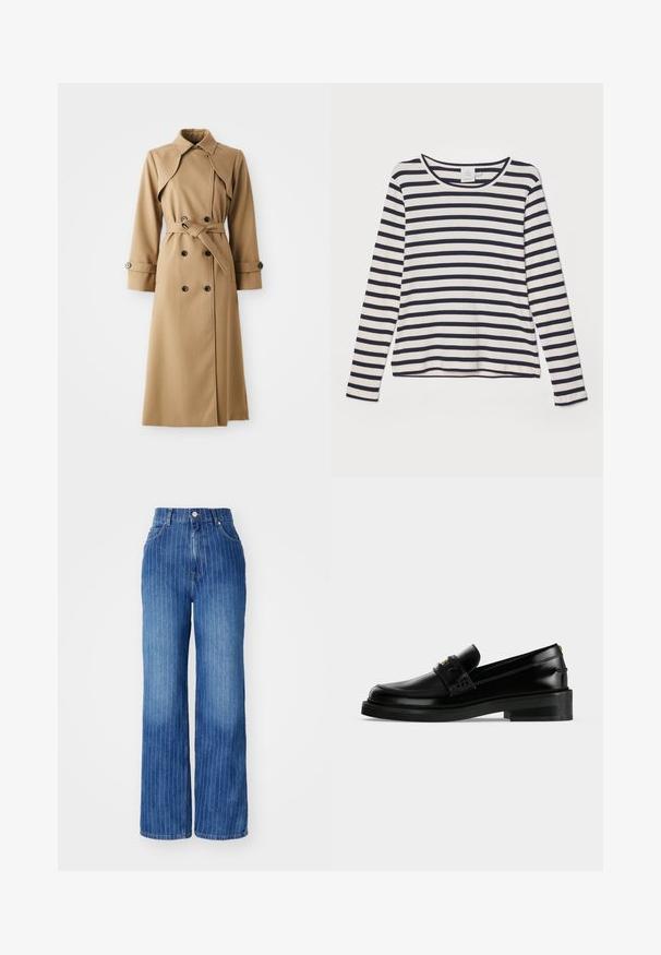 Beige trenchcoat med dobbeltknappe-lukning, bred krave, belted talje og lange ærmer. Har mønstrede stoffer og knapdetaljer.; Langærmet skjorte i creme med marineblå vandrette striber, med rund halsudskæring, ribbet tekstur og afslappet pasform.; Blå denim brede bukser med lodrette hvide striber, høj talje og fem-lomme design, med knap- og lynlåslukning.; Sort poleret læderloafer med lav blokhæl, moktå-syning og en dekorativ rem over toppen.