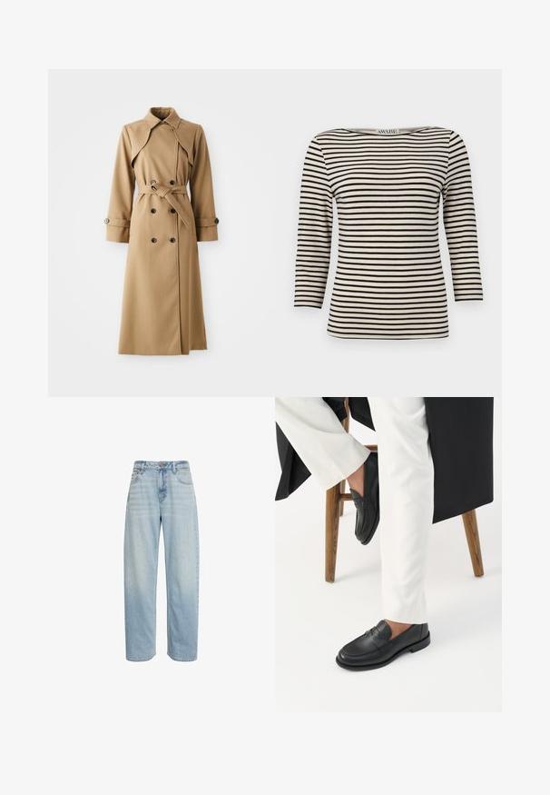 Beige trenchcoat met dubbele knopen, brede kraag, ceintuur in de taille en lange mouwen. Heeft een gemusterde stof en knoopaccenten.; Zwart en crèmekleurig gestreepte, langärmelige top met een bootnek. De stof heeft een gladde textuur en een uniform patroon. Casual ontwerp met een relaxte pasvorm.; Lichtblauwe jeans met hoge taille en rechte pijpen, vijf zakken en knoopsluiting, getoond tegen een witte achtergrond.; Persoon die zwarte leren loafers en witte broek draagt, zittend op een houten kruk tegen een witte achtergrond.