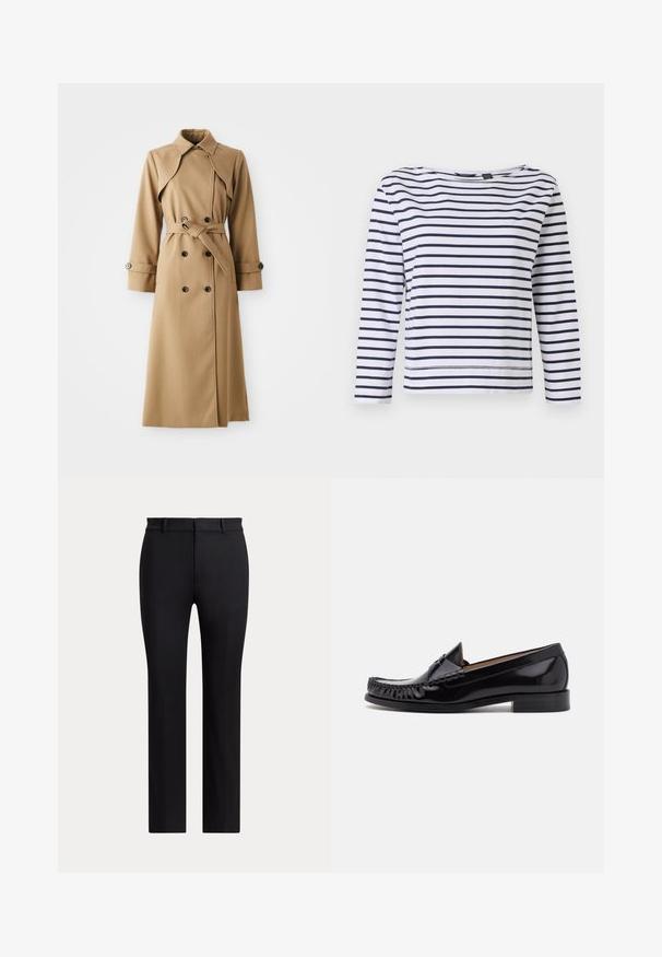 Manteau beige avec des boutons en double boutonnage, un large col, une taille ceinturée et des manches longues. Présente un tissu à motifs et des accents de boutons.; Haut à manches longues rayé en blanc et bleu marine, avec un col bateau et une coupe décontractée. Fabriqué en coton doux avec des ourlets cousus.; Pantalon noir à jambes droites avec passants de ceinture et coupe slim, présenté sur un fond clair uni.; Mocassin en cuir noir avec une finition brillante, présentant des franges à l'avant et un petit talon empilé.