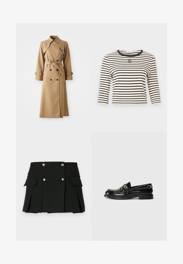 Beige trenchcoat met dubbele knopen, brede kraag, ceintuur in de taille en lange mouwen. Heeft een gemusterde stof en knoopaccenten.; Wit en zwart horizontaal gestreept topje met lange mouwen, een ronde halslijn versierd met pailletten en een klein decoratief logo in het midden van de borst.; Zwarte geplooide minirok gemaakt van gestructureerde stof, met twee voorzakken en accenten van gouden knopen.; Zwarte leren instappers met een glanzende afwerking, voorzien van twee gouden gespen en een lage hak. Gladde textuur met een ronde neus.