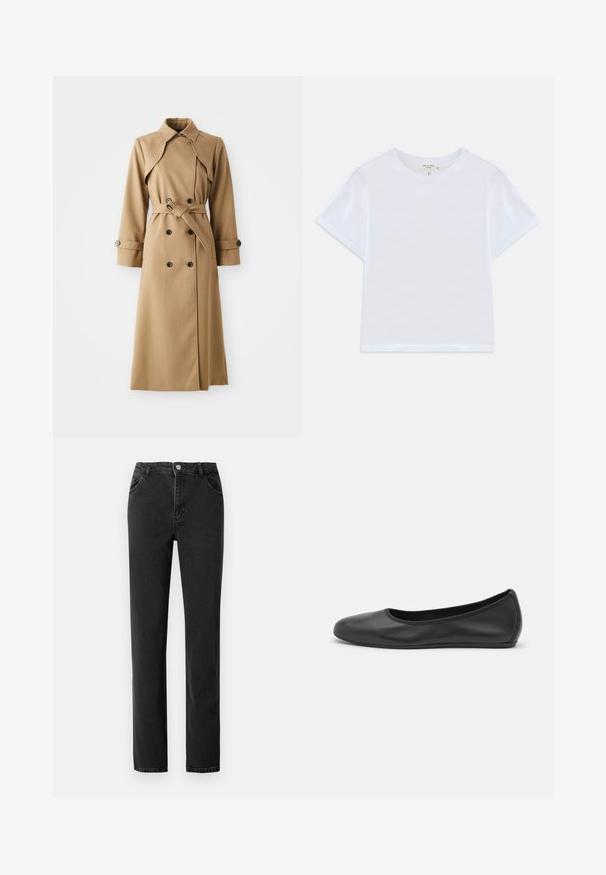 Beige trenchcoat med dobbeltknappe-lukning, bred krave, belted talje og lange ærmer. Har mønstrede stoffer og knapdetaljer.; Hvid cropped t-shirt lavet af blødt bomuld, med rund hals og korte ærmer og en let løs pasform. Ingen mønstre eller accenter.; Sorte denimjeans med høj talje, lige ben, fem lommer og med en knaplukning med metalhardware.; Sort læderballetsko med rund tå, glat tekstur, minimal syning og et fleksibelt såldesign.