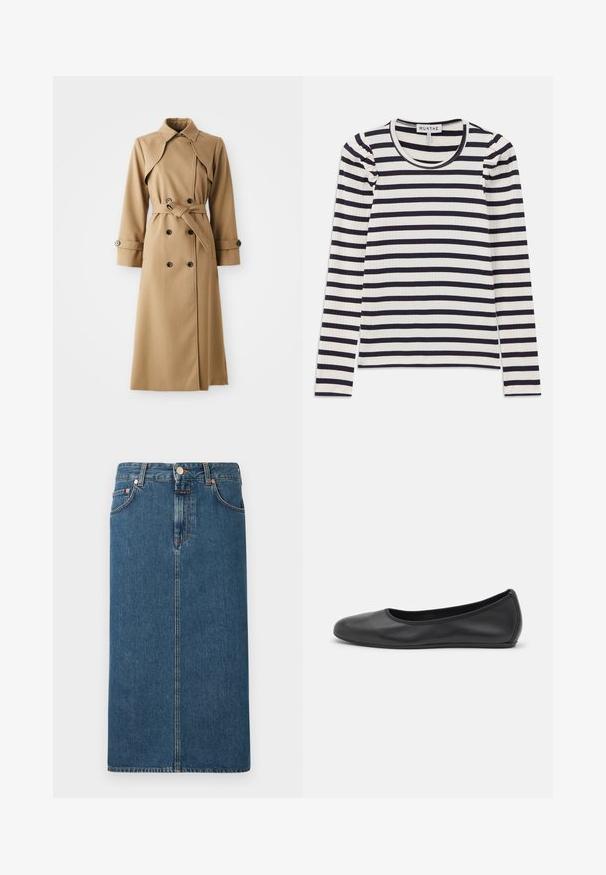 Beige Trenchcoat mit doppelt geknöpften Knöpfen, breitem Kragen, tailliertem Gürtel und langen Ärmeln. Besitzt ein gemustertes Material und Knopfakzente.; Langärmeliges, geripptes Oberteil mit horizontalen navyblauen und weißen Streifen; verfügt über einen runden Halsausschnitt und Raffungen an den Schultern.; Dunkelblaue Denim-Midirock mit geradem Schnitt, vorderen Eingrifftaschen und Hardware in Kupferfarbe. Mit Nähten entlang der Nähte und einem Knopfverschluss.; Schwarze Leder-Ballettschuhe mit abgerundeter Spitze, glatter Textur, minimalen Nähdetails und einem flexiblen Sohlen-Design.