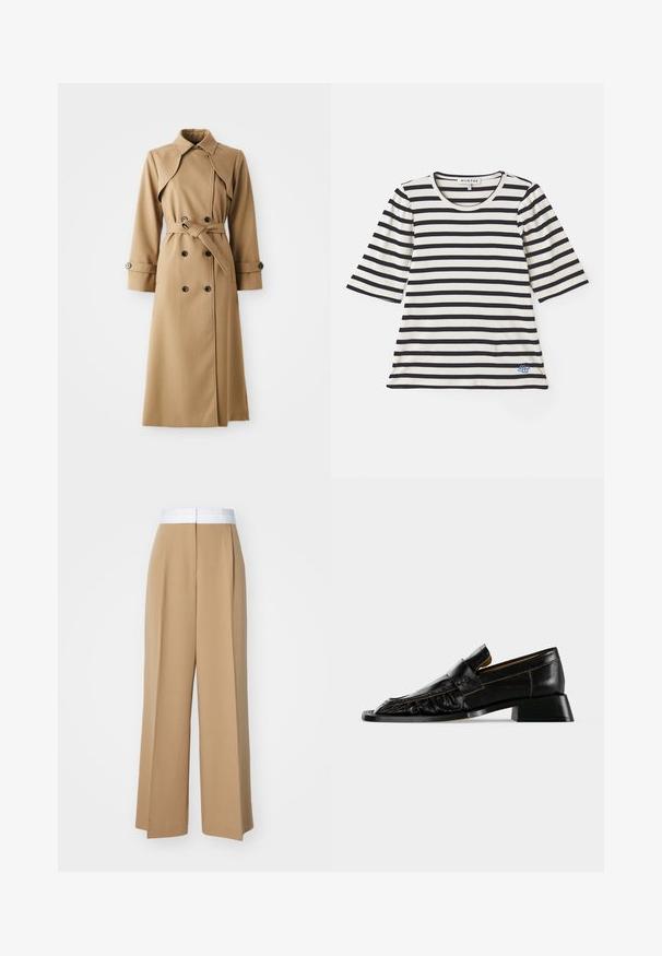 Manteau beige avec des boutons en double boutonnage, un large col, une taille ceinturée et des manches longues. Présente un tissu à motifs et des accents de boutons.; T-shirt rayé en crème et bleu marine, présentant des manches courtes, une texture côtelée, un col rond et un petit logo bleu près de l'ourlet.; Pantalons à jambes larges en tissu brun clair avec une taille blanche contrastante. Présente des lignes épurées et sans motifs ou embellissements visibles.; Mocassin en cuir noir avec un petit talon bloc et un bout arrondi cousu sur un fond clair uni.