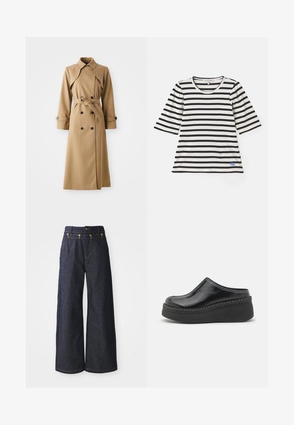 Beige trenchcoat med dobbeltknappe-lukning, bred krave, belted talje og lange ærmer. Har mønstrede stoffer og knapdetaljer.; Stribet t-shirt i creme og marineblå, med korte ærmer, ribbet struktur, rund halsudskæring og en lille blå logo-detalje nær kanten.; Bredde bukser lavet af mørkt denim, med høj talje, dobbeltknaplukning og kontrastsyninger langs sømmene.; Sorte blanke klodser med platform, rund tå, buet overdelen og kontrasterende hvid sting langs kanten af sålen.
