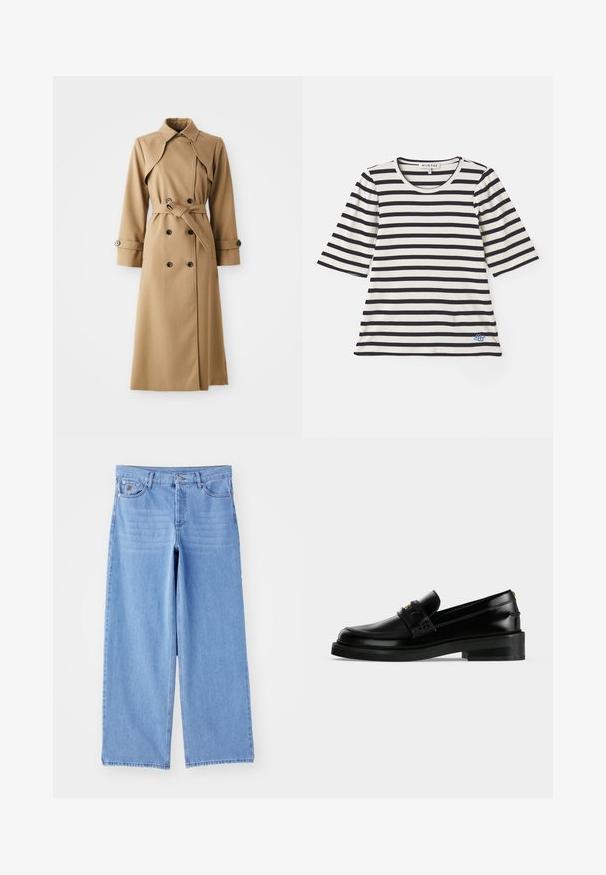 Beige Trenchcoat mit doppelt geknöpften Knöpfen, breitem Kragen, tailliertem Gürtel und langen Ärmeln. Besitzt ein gemustertes Material und Knopfakzente.; Gestreiftes T-Shirt in Creme und Marineblau, mit kurzen Ärmeln, geripptem Textur, rundem Ausschnitt und einem kleinen blauen Logo-Detail in der Nähe des Saums.; Hellblaue weit geschnittene Jeans aus Denim, mit einem klassischen Fünf-Taschen-Design und einem Knopfverschluss. Glatte Textur, ausgefranster Saum.; Schwarzer, polierter Lederloafer mit niedrigem Blockabsatz, Mokassinnaht und dekorativem Riemen über dem Spann.